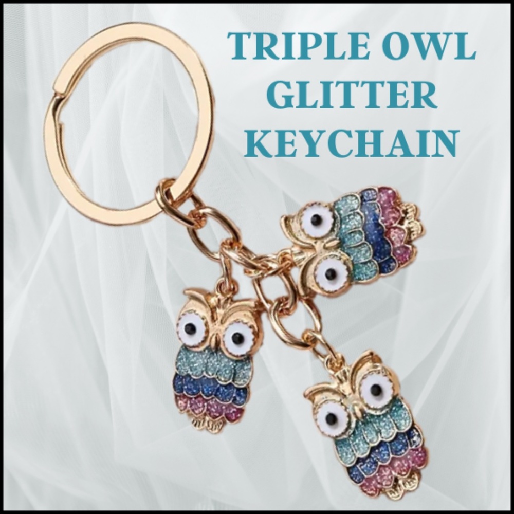 Three Glitter Owls on a Key Ring - Colorful - Each Owl is about 3/4 Inch - Cute